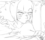 drawing monochrome cleavage bed anime cat_ears cat_girl corrupt_half corruptking looking_at_tiny tkckrys miqote