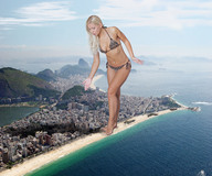 city mega blonde swimsuit beach toes barefoot buildings wonderslug navel foot_crush legs belly looking_down foot_print thighs pedicure ankles jenni_czech rio_de_janeiro looking_at_tiny navel_ring