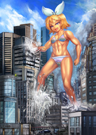 drawing city blonde color swimsuit destruction blue_eyes yilx vocaloid muscles people vehicles running_away two_piece rin_kagamine