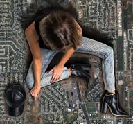 collage mega destruction buildings brunette wonderslug boots sitting highway houses hat aerial_view downward_angle