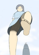 drawing giantess upskirt black_hair color barefoot buildings point_of_view raised_foot