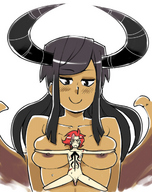 drawing nipples nude blushing horns wings black_hair color penis black_eyes demoness shrunken_man stretching momonculus human_clothing