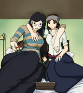 drawing gentle giantess black_hair color multiple_giantesses bed brunette chibibiscuit giantesses indoors