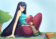 drawing gentle black_hair color long_hair glasses chibibiscuit mini_giantess sitting hugging picnic hug_a_giant_day