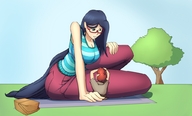drawing gentle giantess color long_hair cleavage glasses green_eyes blue_hair chibibiscuit sitting looking_down