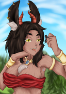 drawing furry horns tongue handheld cleavage brunette yellow_eyes belly demoness fangs captured necklace etz armbands looking_at_tiny