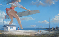 drawing giantess upskirt color beach skirt ocean sky aircraft_carrier striped_underwear hjl