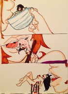 drawing vore color long_hair blood red_hair fork shrunken_woman open_mouth drinking chopsticks skewered in_drink between_chopsticks forked stabbed xolittleonexo