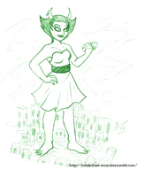 drawing giantess horns city monochrome handheld toes barefoot cleavage smiling dress fangs ankles homestuck looking_at_tiny twisted_persona