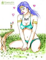 drawing gentle giantess panties color cleavage bra blue_hair dragonesslife heart looking_down forest pink_nails flower crouching gift mark_lee