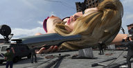 giantess city blonde destruction blue_eyes lying_down bottle drunk van newscaster redfiredog digital_render hangover photographers