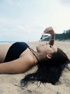 giantess collage vore beach mouth handheld lying_down shrunken_woman dangle between_fingers imminent_vore