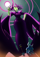 drawing giantess horns color large_breasts clothed purple_eyes low_angle looming looking_down standing magic outdoors shovel hand_on_hips green_skin looking_at_tiny spokle shovel_knight yacht_club_games enchantress_(shovel_knight) shovel_knight_(series)