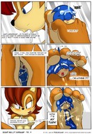 nude furry blushing comic blue_eyes barefoot saliva red_hair sonic_the_hedgehog foot_play dialogue source_needed looking_at_tiny sally_acorn ticklelabs