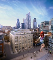 giantess collage city barefoot buildings red_hair sky under_foot rooftop_view imminent_crush shelle_chii georgedean