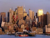 breasts giantess collage city mega blonde swimsuit cleavage skyscraper looking_at_viewer new_york_city aircraft_carrier between_buildings waterfront zed782 chrysler_building