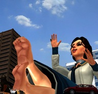 giantess city black_hair tongue toes barefoot soles sitting between_toes vehicle_crush elizabeth bioshock_infinite mouth_open bioshock digital_render carcrushlover