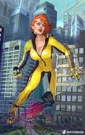 breasts drawing giantess city mega color destruction handheld rampage cleavage green_eyes giganta red_hair boots fire skyscraper wonder_woman cape belt giantessfan leotard jumpsuit running_away power_girl sample_image zipper dc_comics powerless_playthings