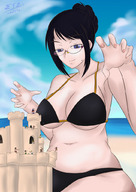 drawing black_hair swimsuit blue_eyes beach cleavage glasses anime smiling shrunken_men sitting navel belly looking_down thighs etz looking_at_tiny sandcastle