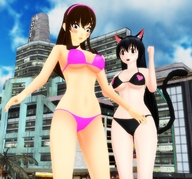 blushing tail city black_hair swimsuit blue_eyes cleavage cat_ears brunette brown_eyes smiling navel belly open_mouth giantesses cat_girl thighs digital_render desu-of-hakurei