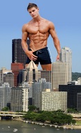 collage city giant unknown_artist muscles shorts skyscraper boats sky looking_at_viewer waterfront