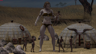 breasts giantess panties handheld barefoot bra underwear amazon tribal leopard_print drcreep digital_render pygmies jungle_queen golden_age primitive