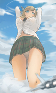 drawing giantess panties upskirt blonde color blue_eyes cleavage smiling navel belly uniform walking thighs miniskirt uru looking_at_tiny jet_fighters