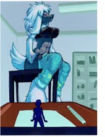 drawing pokemon furry anthro color blue_hair sitting table shrunken_man pencil indoors orange_eyes classroom looking_at_tiny grey_skin humanized_pokemon furfrou 0niros cirotin terrafox