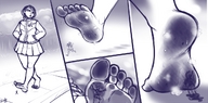 drawing monochrome barefoot blood foot_crush unaware shrunken_woman sheela persona_4 chie_satonaka