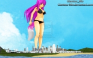 tail city mega swimsuit blue_eyes cleavage smiling pink_hair navel belly looking_down thighs giantess_mio looking_at_tiny digital_render