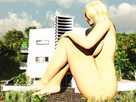 giantess nude blonde barefoot buildings sitting sideboob trees nyom87 digital_render