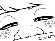 drawing micro monochrome looking_down nose world_of_warcraft freckles sheela gnome looking_at_tiny nose_crush