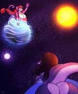 breasts drawing giantess pokemon furry macro tail anthro space color butt planet cleavage huge_breasts sun bbw giantesses sheela waving stars orange_hair rattata pamela cosmic_giantess shark_girl