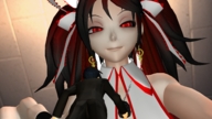 long_hair red_eyes shrunken_men shrunken_man earrings looking_at_tiny digital_render red_and_black_hair