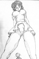 drawing giantess panties mega upskirt large_breasts skirt anime short_hair shrunken_men pen_paper gerald_nog