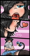 giantess panties vore upskirt comic black_hair color tongue blue_eyes saliva cat_girl june mspaintgts schoolgrirl