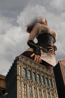 collage city mega red_hair looking_down corset choker rings looking_at_viewer goddess_amarie tiny_little_lisa