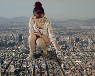 collage feet landscape city mega asian unknown_artist kneeling skyscraper spray flip_flops spraying