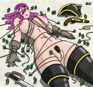 drawing nipples nude pussy sleeping color large_breasts pubic_hair gun purple_hair gloves boots bondage shrunken_people hat ropes no_background lilliputians migdenbond