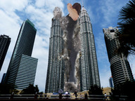 giantess collage mega destruction brunette low_angle petronas_towers skyscraper sky between_buildings kuala_lumpur giulio_10