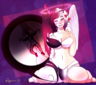 giantess white_hair horns angel barefoot cleavage butt_crush red_eyes smiling red_hair sitting navel belly demoness shrunken_man looking_down manicure looking_at_tiny apeiron-macro rosegoldgleam