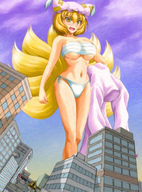 drawing city mega blonde color swimsuit touhou low_angle yellow_eyes belly kitsune looking_down painting sky fox_girl point_of_view ran_yakumo multiple_tails perspective street_view