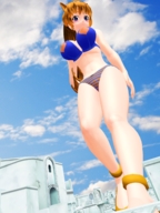 giantess city blonde long_hair swimsuit blue_eyes claws cleavage navel belly looking_down cat_girl thighs ankle_bracelet looking_at_viewer digital_render kasuko-san