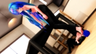 toes barefoot soles blue_hair smiling shrunken_men belly shrunken_man looking_down looking_at_tiny digital_render benavocado