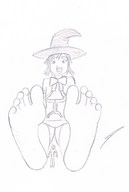 drawing monochrome barefoot shrunken_men sitting shrunken_man rosario_vampire yukari_sendo rosario+vampire witch_hat