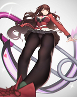 drawing upskirt skirt shoes brunette purple_eyes nylons open_shirt shrunken_woman point_of_view the_rolling_girls shigyou_kuniko evan_yang dat_pendant safety_pin