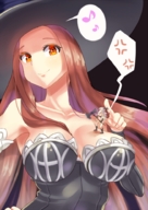 drawing gentle color cleavage anime brunette smiling orange_eyes looking_at_tiny kazo on_breasts dragons_crown sorceress_(dragons_crown) amazon_(dragons_crown)
