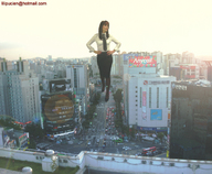 giantess collage city mega long_hair skirt high_heels brunette nylons secretary lilipucien