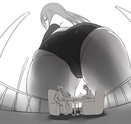 drawing giantess panties monochrome butt anime looking_down thighs stripper looking_at_tiny mejiro