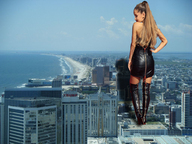 giantess collage city long_hair beach boots looking_down skyscraper sky waterfront ariana_grande bigfriendlygiantess abbie